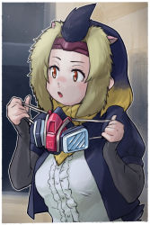 Rule 34 | 1girl, blonde hair, blue hair, border, center frills, dark blue hair, elbow gloves, fingerless gloves, frills, gas mask, gloves, grey hair, hands up, headband, highres, holding, kemono friends, looking to the side, mandrill (kemono friends), mask, unworn mask, medium hair, mouth mask, multicolored hair, open mouth, orange eyes, puffy short sleeves, puffy sleeves, scarf, shirt, short sleeves, solo, tongue, tongue out, toriny, upper body, vest