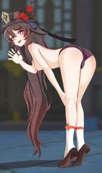 Rule 34 | 1girl, :d, aruman, ass, bad id, bad pixiv id, bent over, bike shorts, bikini, black nails, blurry, blurry background, breasts, brown bikini, brown footwear, brown hair, brown shorts, chinese commentary, commentary, flower, flower-shaped pupils, from side, genshin impact, hair between eyes, hand up, hat, highres, hu tao (genshin impact), jewelry, kneepits, long hair, looking at viewer, looking to the side, nail polish, nipples, open mouth, outdoors, plum blossoms, porkpie hat, red eyes, ring, shoes, shorts, small breasts, smile, socks, solo, swimsuit, symbol-shaped pupils, thighs, tiptoes, topless, twintails, very long hair, waving, white socks