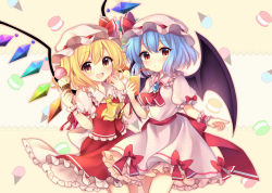 Rule 34 | 2girls, :d, :o, ascot, bat wings, black wings, blonde hair, blue hair, blush, brooch, commentary request, cowboy shot, crystal, cup, demon wings, dress, drinking glass, drinking straw, flandre scarlet, food, frilled cuffs, frilled dress, frilled ribbon, frilled shirt collar, frilled skirt, frills, gem, hat, hat ribbon, highres, holding, holding cup, holding drinking glass, holding food, ice cream, jewelry, looking at viewer, macaron, mob cap, multiple girls, open mouth, parted lips, pink dress, pink hat, puffy short sleeves, puffy sleeves, red eyes, red ribbon, red skirt, red vest, remilia scarlet, ribbon, ruhika, sash, short hair, short sleeves, siblings, sisters, skirt, smile, tareme, thighhighs, touhou, vest, wings, wrist cuffs, yellow background