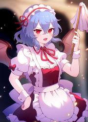 Rule 34 | 1girl, 60mai, alternate costume, apron, bat wings, blurry, blurry background, dress, fang, hand on own hip, looking at viewer, maid, maid headdress, open mouth, purple hair, red dress, red eyes, remilia scarlet, short hair, short sleeves, solo, touhou, waist apron, white apron, wings, wrist cuffs