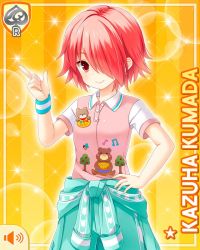 Rule 34 | 1girl, bear, card (medium), character name, closed mouth, earrings, girlfriend (kari), hair over one eye, jewelry, jumpsuit, jumpsuit around waist, kumada kazuha, looking at viewer, matching hair/eyes, official art, pink shirt, pointing, qp:flapper, red eyes, red hair, shirt, short hair, tagme, yellow background