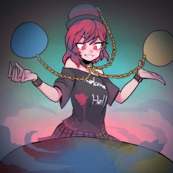 Rule 34 | 1girl, bare shoulders, black choker, black shirt, blue background, blue skirt, breasts, chain, choker, clothes writing, commentary request, cowboy shot, ear piercing, earth (ornament), gradient background, green skirt, grin, hands up, hecatia lapislazuli, highres, korean commentary, looking at viewer, miniskirt, moon (ornament), multicolored clothes, multicolored skirt, nyong nyong, off-shoulder shirt, off shoulder, piercing, pink background, plaid, plaid skirt, red eyes, red hair, red skirt, shirt, short hair, short sleeves, skirt, small breasts, smile, solo, t-shirt, touhou, wristband