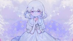 Rule 34 | 1girl, blue eyes, blush, daisy, dress, expressionless, flower, hair flower, hair ornament, heart, highres, looking at viewer, mercure 1104, original, own hands together, ribbon, short hair, solo, sparkle, straight-on, upper body, white dress, white hair, white ribbon, wrist ribbon