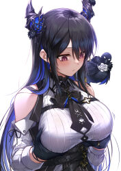 Rule 34 | 1girl, animal, animal on shoulder, asymmetrical horns, bird, bird on shoulder, black hair, black necktie, blue hair, breast lift, breasts, closed mouth, clothing cutout, colored inner hair, crow, curry bowl, grabbing own breast, highres, hololive, hololive english, horns, large breasts, mole, mole under eye, multicolored hair, necktie, nerissa ravencroft, nerissa ravencroft (1st costume), red eyes, shadow (nerissa ravencroft), shoulder cutout, simple background, solo, uneven horns, upper body, virtual youtuber, white background