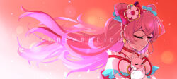 Rule 34 | 1girl, animal, bow, brooch, choker, closed eyes, closed mouth, commentary, cone hair bun, cure precious, delicious party precure, dress, earrings, facing to the side, fox, frilled hairband, frills, gloves, hair bow, hair bun, hairband, heart, heart brooch, highres, holding, holding animal, in-franchise crossover, jewelry, kome-kome (precure), long hair, magical girl, nagomi yui, off-shoulder dress, off shoulder, pink hair, precure, red bow, red choker, smile, solo, tsukuda hayato, two side up, white gloves, wind