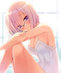 Rule 34 | 1girl, alternate costume, alternate hair color, bare shoulders, blush, breasts, bright background, closed mouth, eyebrows, eyes visible through hair, fate/grand order, fate (series), glasses, hair over one eye, large breasts, light purple hair, looking at viewer, mash kyrielight, purple eyes, sazaki ichiri, short hair, smile, solo
