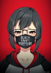 Rule 34 | 1girl, absurdres, black-framed eyewear, black hair, black lives matter, blurry, blush, brown eyes, chromatic aberration, clothes writing, collarbone, commentary, covered mouth, crying, crying with eyes open, depth of field, drawstring, english commentary, english text, glasses, gradient background, highres, hood, hood down, hoodie, lulu-chan92, mask, mouth mask, original, portrait, red background, short hair, sidelocks, solo, tears, twitter username, typo