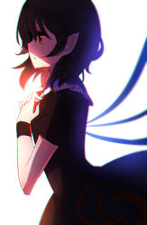 Rule 34 | 1girl, backlighting, bad id, bad pixiv id, black dress, black hair, chromatic aberration, collar, colored eyelashes, dress, expressionless, frilled collar, frilled shirt collar, frills, hand on own chest, highres, houjuu nue, jpeg artifacts, light, peach camellia, pointy ears, profile, red eyes, short hair, short sleeves, solo, touhou, wind, wings, wristband