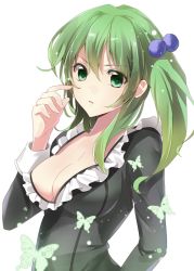 Rule 34 | &gt;:o, 1girl, :o, aosaki yukina, bad id, bad twitter id, breasts, bug, butterfly, cleavage, finger to cheek, green eyes, green hair, hair bobbles, hair ornament, insect, long sleeves, looking at viewer, matching hair/eyes, no bra, original, parted lips, side ponytail, simple background, solo, upper body, v-shaped eyebrows, white background
