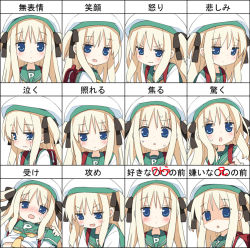 Rule 34 | 1girl, :t, angry, annoyed, bad id, bad pixiv id, blonde hair, blue eyes, blush, bow, chart, child, empty eyes, expressions, face, female focus, frown, hair bow, hair ribbon, hat, jitome, kani biimu, long hair, mary janes, multiple views, open mouth, original, ribbon, sad, school uniform, shaded face, shimotsuki potofu, shoes, sleeves past wrists, smirk, sweatdrop, tears, translated, twintails, two side up, yandere