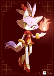 Rule 34 | 1girl, animal ears, blaze the cat, cat ears, cat girl, cat tail, chinese clothes, dress, eyelashes, fire, flame print, forehead jewel, furry, furry female, gloves, hair ornament, highres, howxu, jewelry, ponytail, purple fur, pyrokinesis, red dress, red footwear, sonic (series), tail, yellow eyes