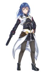Rule 34 | 1girl, ankle boots, bad id, bad twitter id, black footwear, blue hair, boots, closed mouth, commentary request, green eyes, grey pantyhose, gun, hand on own hip, highres, holding, holding gun, holding weapon, light smile, long sleeves, looking at viewer, maria traydor, pantyhose, simple background, solo, star ocean, star ocean anamnesis, weapon, white background, yuki arare