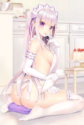 Rule 34 | 10s, 1girl, :p, apron, ass, bad id, bad pixiv id, bare shoulders, blush, bowl, breasts, cake, elbow gloves, emilia (re:zero), feet, finger to mouth, flower, food, frilled gloves, frilled thighhighs, frills, fruit, gloves, hair flower, hair ornament, highres, indoors, kitchen, long hair, looking at viewer, looking back, medium breasts, mixing bowl, mvv, naked apron, no shoes, pastry bag, pillow, pointy ears, purple eyes, re:zero kara hajimeru isekai seikatsu, ribbon-trimmed elbow gloves, ribbon-trimmed thighhighs, ribbon trim, sideboob, silver hair, sitting, smile, solo, strawberry, thighhighs, tongue, tongue out, wariza, whisk, white gloves, white thighhighs