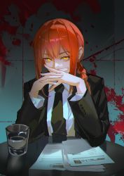 Rule 34 | 1girl, absurdres, black jacket, black necktie, black suit, blood, blood on wall, blood splatter, braid, buttoned cuffs, buttons, chainsaw man, chinese commentary, collared shirt, commentary request, covered mouth, cup, drink, drinking glass, elbow rest, elbows on table, formal, hands up, highres, jacket, listencareful, long sleeves, looking at viewer, makima (chainsaw man), medium hair, necktie, own hands together, paper, red hair, shirt, side braid, sidelocks, single braid, solo, steepled fingers, suit, table, upper body, water, white shirt, yellow eyes