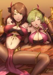 Rule 34 | 2girls, alternate costume, bodystocking, bodysuit, bracelet, breasts, bridal gauntlets, brown hair, circlet, cleavage, cleavage cutout, clothing cutout, dorothea arnault, fat mons, feather hair ornament, feathers, fire emblem, fire emblem: genealogy of the holy war, fire emblem: three houses, green eyes, green hair, hair ornament, half-closed eyes, hand on another&#039;s shoulder, highres, jewelry, jtaka, large breasts, leggings, legs apart, lene (fire emblem), loincloth, long hair, looking at viewer, multiple girls, nail polish, navel, nintendo, official alternate costume, pantyhose, pelvic curtain, revealing clothes, short hair, swept bangs, thighlet, thighs, tongue, tongue out