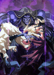 Rule 34 | 1boy, 1girl, ainz ooal gown, albedo (overlord), bare shoulders, black hair, black hood, black wings, blue sky, breasts, carrying, cleavage, demon girl, demon horns, dress, feathered wings, frilled dress, frills, gloves, hair between eyes, hand on another&#039;s cheek, hand on another&#039;s face, highres, hip vent, horns, large breasts, lich, long dress, long hair, miyo (13th floor), off-shoulder dress, off shoulder, overlord (maruyama), parted lips, princess carry, purple background, sideboob, skeleton, sky, teeth, white dress, white gloves, white horns, wings