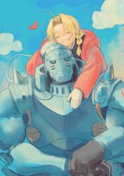 2boys ahoge alphonse_elric armor black_shirt blonde_hair blue_sky blush braid braided_ponytail brothers closed_eyes cloud coat commentary day edward_elric english_commentary full_armor fullmetal_alchemist gloves grin heart highres long_sleeves male_focus multiple_boys outdoors red_coat sabertoon_artt shirt siblings sky smile white_gloves