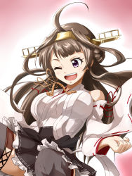 Rule 34 | 10s, 1girl, ahoge, bare shoulders, breasts, brown hair, detached sleeves, florence temporary, hairband, headgear, highres, japanese clothes, kantai collection, kongou (kancolle), large breasts, long hair, nontraditional miko, one eye closed, open mouth, purple eyes, ribbon-trimmed sleeves, ribbon trim, simple background, solo, teeth