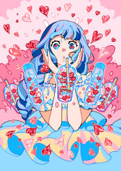 Rule 34 | 1girl, absurdres, blue dress, blue eyes, blue hair, blue theme, cup, dress, drinking straw, frilled dress, frills, hands up, heart, highres, meyoco, multicolored hair, original, outline, parted lips, pink background, pink theme, ramune, short sleeves, solo, upper body, white outline