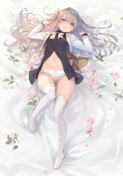 Rule 34 | 1girl, black shirt, blonde hair, blue eyes, flower, hair ribbon, hair spread out, highres, jacket, long sleeves, looking at viewer, lying, navel, on back, open clothes, open jacket, original, panties, parted lips, pink flower, pink rose, ribbon, rose, shirabi, shirt, solo, thighhighs, underwear, white jacket, white panties, white thighhighs, yellow ribbon
