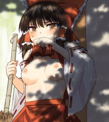 Rule 34 | 1girl, bamboo broom, bare shoulders, black hair, blush, bow, breasts, broom, brown eyes, clothes lift, commentary, detached sleeves, frilled bow, frills, hair between eyes, hair bow, hair tubes, hakurei reimu, lifted by self, looking at viewer, medium breasts, miyo (ranthath), nipples, no bra, red skirt, ribbon-trimmed sleeves, ribbon trim, shirt lift, skirt, solo, sweat, touhou, tree shade, wide sleeves