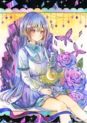 Rule 34 | 1girl, blue bow, blue hair, blush, bottle, bow, bowtie, bug, butterfly, closed mouth, crescent, crystal, dress, feet out of frame, flower, gem, highres, insect, long hair, long sleeves, looking at viewer, original, painting (medium), purple butterfly, purple eyes, purple flower, purple rose, rose, shioconbu, shirt, sitting, solo, traditional media, watercolor (medium), white shirt