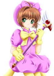 Rule 34 | 1990s (style), 1girl, ahoge, bow, bowtie, brown hair, bubble skirt, cardcaptor sakura, child, flipper, fuuin no tsue, gloves, green eyes, hat, kinomoto sakura, looking at viewer, magical girl, pink hat, puffy short sleeves, puffy sleeves, purple skirt, retro artstyle, short hair, short sleeves, simple background, skirt, smile, solo, staff, turban, white background, yellow gloves
