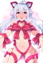 Rule 34 | 1girl, ahoge, bare shoulders, blush, breasts, hair ornament, hidebou, large breasts, long hair, looking at viewer, matoi (pso2), naked ribbon, navel, open mouth, outstretched arms, phantasy star, phantasy star online 2, reaching, reaching towards viewer, red eyes, ribbon, silver hair, sitting, smile, solo, twintails, white background