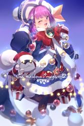 Rule 34 | 1girl, badge, bauble, beanie, blue background, blue coat, blue dress, blush, border, bow, box, breasts, brown pantyhose, christmas ornaments, coat, colonel olcott (fate), dress, echo (circa), fate/grand order, fate/grand order arcade, fate (series), fur-trimmed coat, fur-trimmed dress, fur trim, gift, gift box, gloves, gradient background, hat, helena blavatsky (christmas) (fate), helena blavatsky (fate), hood, hooded coat, large bow, long sleeves, looking at viewer, open clothes, open coat, open mouth, pantyhose, purple eyes, purple hair, red bow, sack, salute, short hair, small breasts, smile
