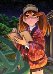 Rule 34 | 10s, 1girl, abazu-red, book, brown eyes, brown hair, commentary request, hanten (clothes), kantai collection, long hair, looking away, looking up, magatama, night, night sky, pleated skirt, ryuujou (kancolle), skirt, sky, solo, star (sky), starry sky, translation request, twintails, visor cap, writing