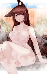 Rule 34 | 1girl, absurdres, amagi (azur lane), animal ears, azur lane, breasts, brown hair, cleavage, collarbone, commentary, covering privates, dated commentary, feet out of frame, fence, fox ears, fox girl, hair between eyes, hair ornament, hair ribbon, highres, huge filesize, large breasts, legs together, letterboxed, long hair, looking away, naked towel, nude cover, parted lips, plant, purple eyes, red ribbon, ribbon, samip, short eyebrows, sitting, solo, steam, thick eyebrows, towel, very long hair, white towel, wooden fence