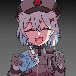 Rule 34 | 1girl, animal ears, blue archive, blue hair, breasts, closed eyes, false smile, fire, flask, gloves, grey background, hair ornament, hairclip, halo, hat, highres, matches, medium breasts, military, military hat, military uniform, open mouth, portrait, shigure (blue archive), simple background, smile, solo, uniform, washin