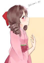Rule 34 | 1girl, absurdres, blush, bow, brown hair, drill hair, hair bow, harukaze (kancolle), highres, japanese clothes, kantai collection, kimono, kozu (bloomme1 me), meiji schoolgirl uniform, one-hour drawing challenge, pink kimono, red bow, red eyes, sideways glance, smile, solo, twin drills, twitter username, upper body, wide sleeves