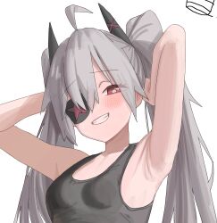 Rule 34 | 1girl, absurdres, ahoge, armpits, arms up, blush, breasts, bright pupils, djmax, djmax respect, eyepatch, fail (djmax), grey hair, grey tank top, grin, hair ornament, highres, long hair, looking at viewer, red eyes, simple background, small breasts, smile, solo, syc2159, tank top, twintails, white background, white pupils