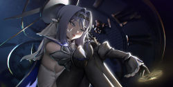 Rule 34 | 1girl, armor, arms on knees, bare shoulders, black gloves, black pantyhose, black thighhighs, blue eyes, breasts, chain, chain headband, detached sleeves, gloves, hair intakes, halo, highres, hololive, hololive english, knees up, large breasts, lips, looking to the side, magic, mechanical halo, medium hair, night, ouro kronii, pantyhose, parted lips, pocket watch, purple hair, rim (kyorin), sideboob, signature, sitting, solo, thighhighs, virtual youtuber, watch
