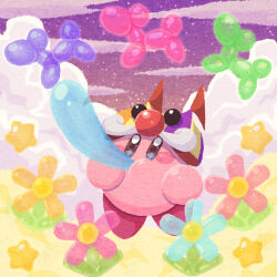 Rule 34 | balloon animal, blush stickers, circus kirby, cloud, clown nose, copy ability, evening, flower, highres, inflating, kirby, kirby (series), miclot, nintendo, no humans, pink flower, pink footwear, shoes, sky, star (sky), starry sky