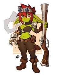 Rule 34 | 1girl, absurdres, antique firearm, bandeau, blunderbuss, breasts, brown footwear, brown gloves, brown pants, cleavage, colored skin, crop top, distr, earrings, elbow gloves, female goblin, fingerless gloves, firearm, fold-over boots, full body, gauntlets, gloves, goblin, goggles, goggles on head, green skin, gun, hair between eyes, highres, holding, holding gun, holding weapon, jewelry, large breasts, long pointy ears, looking at viewer, midriff, mouth hold, musket, navel, original, pants, pointy ears, red eyes, red hair, rifle, short hair, single fingerless glove, single gauntlet, smoke, smoking, solo, standing, thigh strap, weapon, wide-eyed