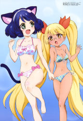 Rule 34 | 10s, 2girls, absurdly long hair, absurdres, animal ears, barefoot, bikini, blonde hair, blue hair, breasts, cleavage, cyan (show by rock!!), feet, glasses, green eyes, hairband, heart, heart print, highres, holding hands, legs, long hair, medium breasts, megami magazine, multiple girls, non-web source, official art, open mouth, plaid, plaid bikini, print bikini, retoree (show by rock!!), show by rock!!, side-tie bikini bottom, small breasts, swimsuit, tail, tan, twintails, very long hair, yellow eyes