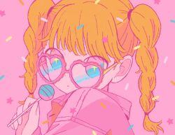 Rule 34 | 1girl, braid, candy, closed mouth, commentary, food, glasses, hair tie, hand up, happy (happi illust), heart, heart-shaped eyewear, highres, holding, holding candy, holding food, holding lollipop, jacket, lollipop, long hair, long sleeves, looking at viewer, orange hair, original, pink-framed eyewear, pink background, pink eyes, pink jacket, simple background, solo, star-shaped pupils, star (symbol), symbol-shaped pupils, tinted eyewear, twin braids, upper body