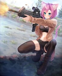 Rule 34 | 1girl, absurdres, animal ears, beretta cx4 storm, black thighhighs, blue eyes, boots, cardigan, cat ears, cat girl, cat tail, commission, crop top, enpera (jdud8375), firing, gun, highres, holding, holding gun, holding weapon, lens flare, muzzle flash, navel, open cardigan, open clothes, original, outdoors, pink hair, pistol-caliber carbine, rifle, shell casing, short hair, short shorts, shorts, skindentation, solo, squatting, tail, thighhighs, weapon
