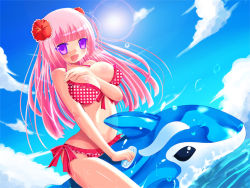Rule 34 | 1girl, :d, bad id, bad pixiv id, between breasts, bikini, breasts, day, dutch angle, inflatable dolphin, inflatable toy, kay, kay (utd), large breasts, long hair, open mouth, original, pink hair, purple eyes, smile, solo, swimsuit, water