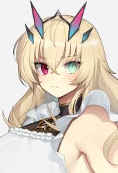 Rule 34 | 1girl, apron, bare shoulders, black dress, blonde hair, breasts, dress, barghest (fate), fate/grand order, fate (series), green eyes, heterochromia, horns, jewelry, large breasts, long hair, looking at viewer, necklace, red eyes, solo, tan (inka)