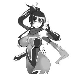 Rule 34 | 1girl, bodystocking, breasts, covered erect nipples, greyscale, hair ornament, hair stick, large breasts, leotard, long hair, looking at viewer, monochrome, ninja, ponytail, simple background, solo, white background, zaxwu