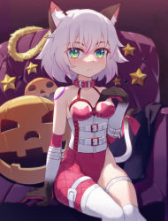 Rule 34 | 1girl, animal ear fluff, animal ears, animal print, asymmetrical clothes, bare shoulders, breasts, cat ears, cat print, cat tail, collar, collarbone, corset, elbow gloves, facial scar, fate/apocrypha, fate/grand order, fate (series), gloves, green eyes, hair between eyes, halloween, highres, jack-o&#039;-lantern, jack the ripper (fate/apocrypha), layered gloves, ling huanxiang, looking at viewer, pumpkin, red gloves, red thighhighs, scar, scar across eye, scar on cheek, scar on face, short hair, single pantsleg, sitting, small breasts, smile, tail, thighhighs, white gloves, white hair