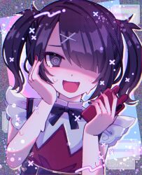 Rule 34 | 1girl, :d, @ @, ame-chan (needy girl overdose), black eyes, black hair, black nails, black ribbon, black skirt, collared shirt, commentary request, hair ornament, hair over one eye, hair tie, hand on own cheek, hand on own face, hands up, highres, holding, holding phone, kobayashi ruten, long hair, looking at viewer, multicolored nails, nail polish, neck ribbon, needy girl overdose, nervous, nervous smile, nervous sweating, open mouth, phone, red nails, red shirt, ribbon, shaded face, shirt, skirt, smile, solo, suspender skirt, suspenders, sweat, tearing up, twintails, upper body, window (computing), x hair ornament