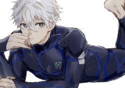 Rule 34 | 1boy, barefoot, blue lock, bright pupils, closed mouth, commentary request, feet up, grey eyes, long sleeves, lying, male focus, nagi seishirou, nori20170709, on stomach, short hair, sideways glance, simple background, solo, sportswear, twitter username, white background, white hair, white pupils