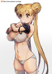 Rule 34 | 1girl, artist name, bare shoulders, blonde hair, blush, bow, bow bra, bow panties, bra, breasts, camisole, cleavage, cowboy shot, double bun, gao (gaolukchup), groin, hair between eyes, hair bun, hands up, large breasts, legs apart, long hair, midriff, navel, original, panties, patreon logo, patreon username, simple background, skindentation, solo, spaghetti strap, standing, stomach, striped clothes, striped panties, thighhighs, twintails, underwear, undressing, very long hair, watermark, web address, white background, white bow, white bra, yellow eyes