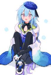 Rule 34 | 1boy, aqua hair, arknights, beret, blue hat, blue nails, blue neckerchief, blush, cloak, hair between eyes, hat, high tops, highres, infection monitor (arknights), jellyfish, kabe sakana, long hair, male focus, mizuki (arknights), nail polish, neckerchief, open mouth, pink eyes, purple hair, shoes, short hair with long locks, sidelocks, simple background, sitting, sneakers, solo, trap, very long hair, white background, wide sleeves