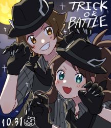 Rule 34 | 1boy, 1girl, animal hands, black gloves, black headwear, blush, brown hair, buttons, commentary request, cosplay, creatures (company), dated, fang, game freak, gloves, green eyes, grey shirt, grin, hat, highres, hilbert (fall 2020) (pokemon), hilbert (pokemon), hilbert (pokemon) (cosplay), hilda (pokemon), jewelry, looking at viewer, necklace, nintendo, official alternate costume, open clothes, open mouth, open vest, paw gloves, pokemon, pokemon bw, pokemon masters ex, shirt, short hair, shuri (riri shu), sidelocks, smile, sparkle, teeth, upper body, vest
