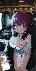 Rule 34 | 1girl, absurdres, ahoge, bare shoulders, bracelet, breasts, fang, headphones, headphones around neck, heterochromia, highres, hololive, houshou marine, huge filesize, indoors, jewelry, keyboard (computer), large breasts, looking at viewer, mouse (computer), off shoulder, parted lips, phone, red eyes, red hair, revision, sitting, solo, sweatdrop, tonki, two side up, virtual youtuber, yellow eyes